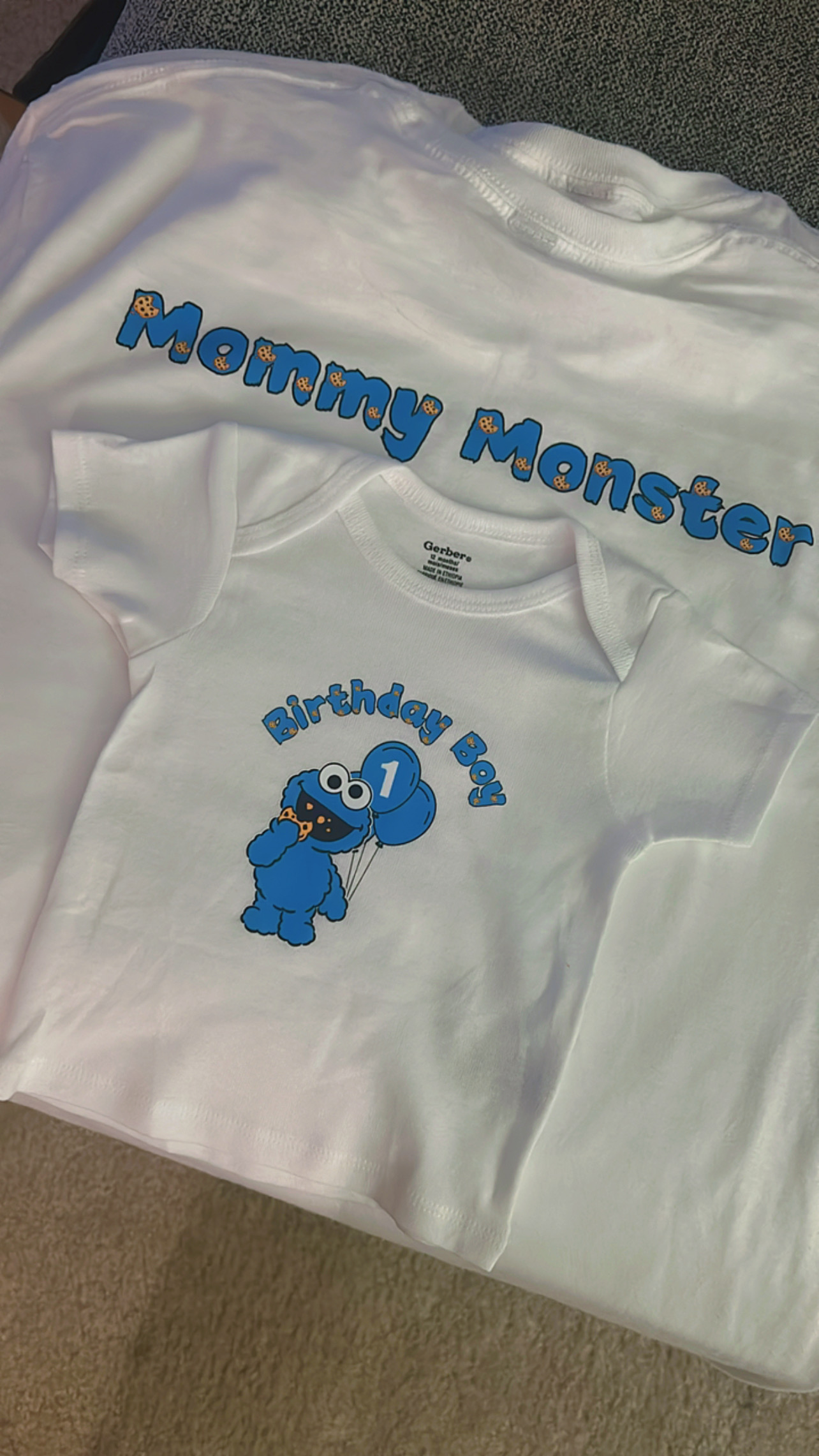 Matching Mommy Monster and first birthday Cookie Monster shirts
