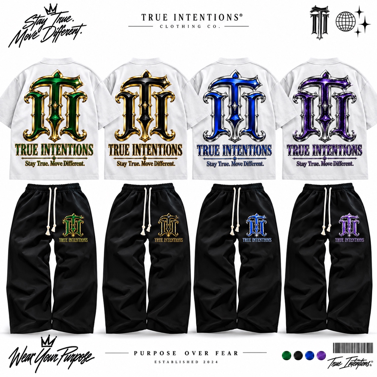 True Intentions shirt and pants sets in green, black, blue, and purple