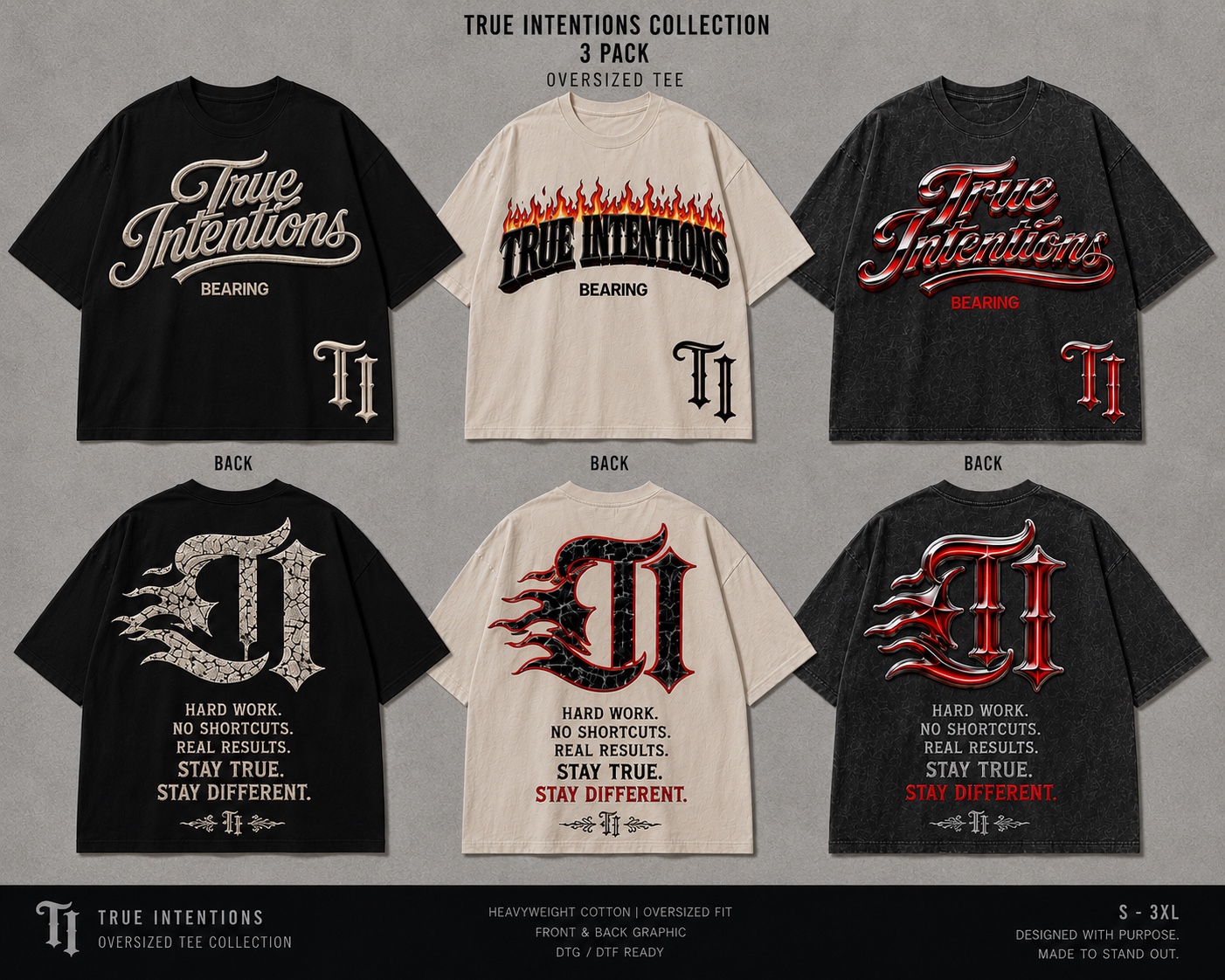 Three oversized True Intentions T-shirt designs with front and back views
