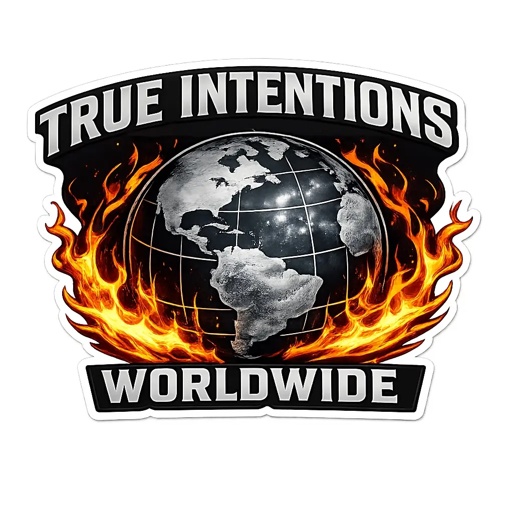 White True Intentions Worldwide globe and flame brand artwork